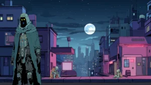 Dark cyberpunk city street with mysterious hooded figure and futuristic atmosphere from Dream Glitcher