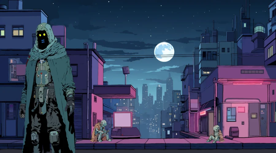 Dark cyberpunk city street with mysterious hooded figure and futuristic atmosphere from Dream Glitcher