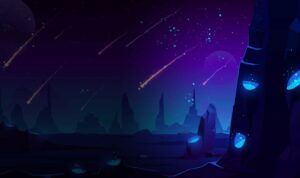 Futuristic alien landscape with glowing rocks and meteor shower
