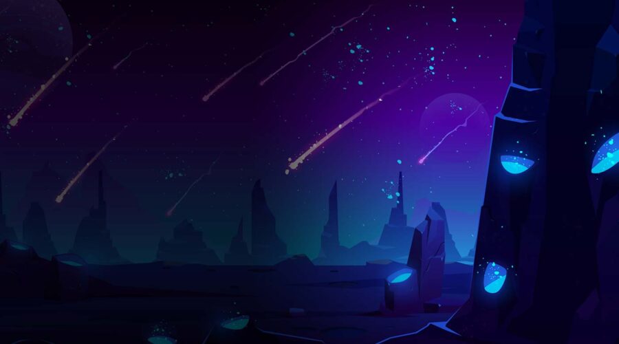 Futuristic alien landscape with glowing rocks and meteor shower