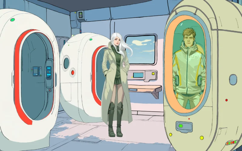 Sci-fi laboratory scene with futuristic medical pods and characters from Dream Glitcher