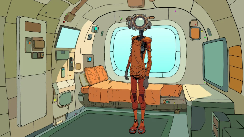 Minimalist sci-fi room interior with humanoid robot character from Dream Glitcher