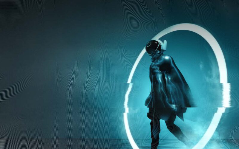 Futuristic astronaut figure walking through glowing portal with glitch effect