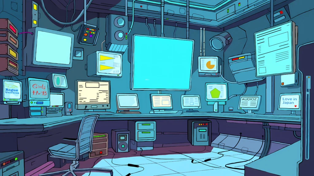 Retro futuristic control room filled with glowing monitors and cyberpunk technology in Dream Glitcher