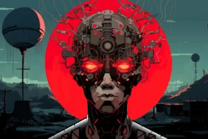 Dark cybernetic humanoid face with glowing red eyes and futuristic neural machinery in Dream Glitcher