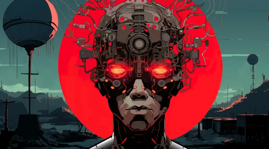 Dark cybernetic humanoid face with glowing red eyes and futuristic neural machinery in Dream Glitcher