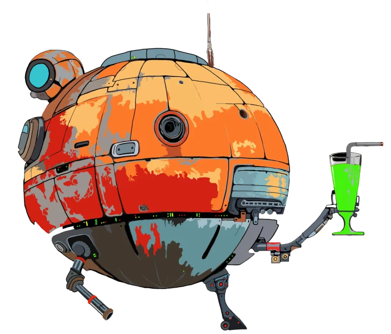 Round floating sci-fi robot holding a glowing green drink in the Dream Glitcher universe